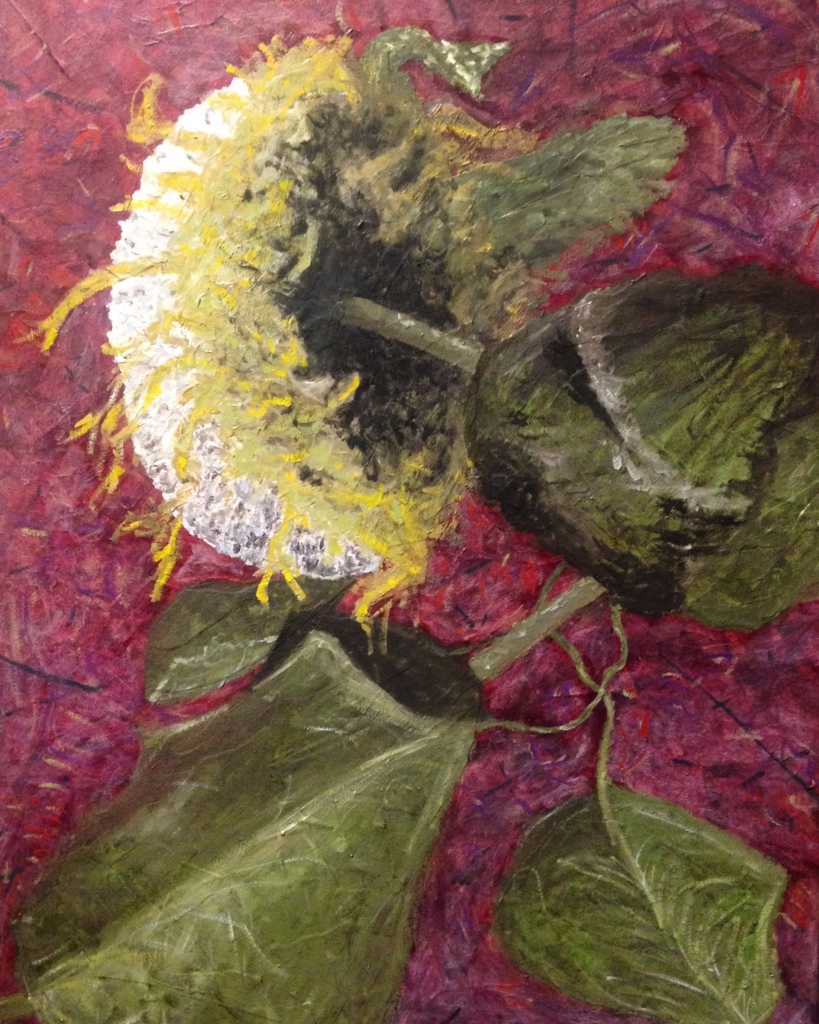 Collage and oil painting of dried sunflower