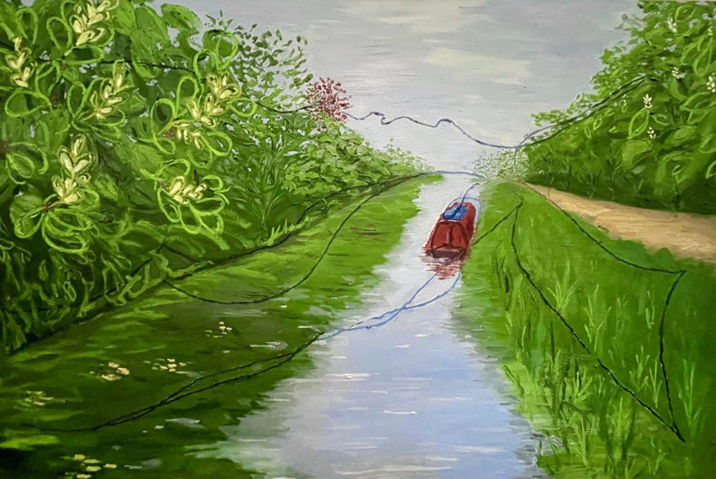 Oil painting of river and house boat
