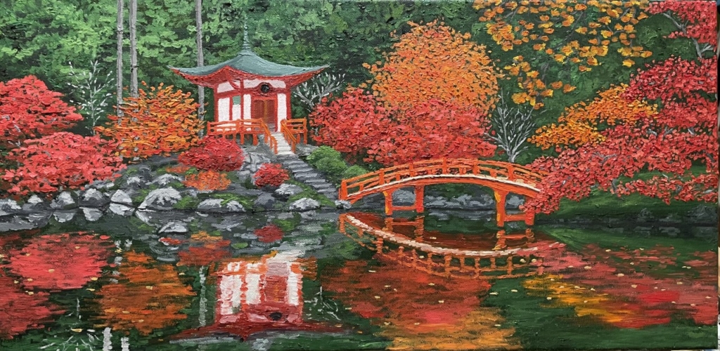 Oil painting of Japanese garden